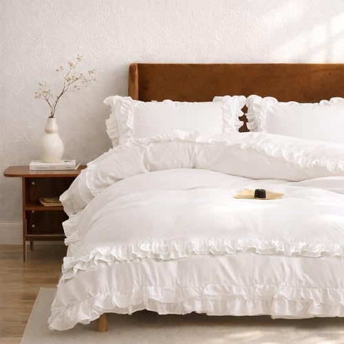 Wotcsil Bettwäsche Weiß 220x240cm Rüschen Bettwäsche Uni Boho Sets | Mikrofaser für Mädchen Damen Bettbezug Set Romantisch mit Reißverschluss und Kissenbezug 80x80cm