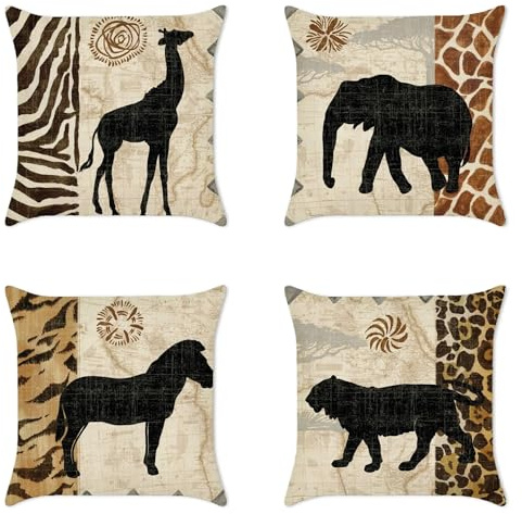 MEILIHEN Leinen Kissenbezug Sofakissen 50x50 Afrika Tiere Kissenhülle 4er Set kissenbezüge Dekokissen Bezug für Couch Zierkissen Elefant Zebra Outdoor Kissen