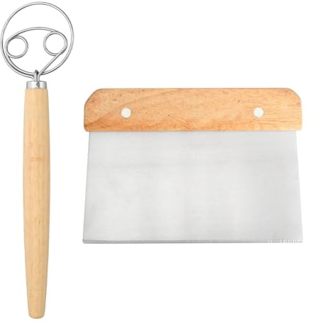 Set de Fouets Danois et Coupe-Pâte 2 Fouets à Pâte Danoise en Acier Inoxydable avec Manche en Bois Ergonomique 1 Coupe-Pâte Outils, Fouet Danois, Mélange et Cuisson