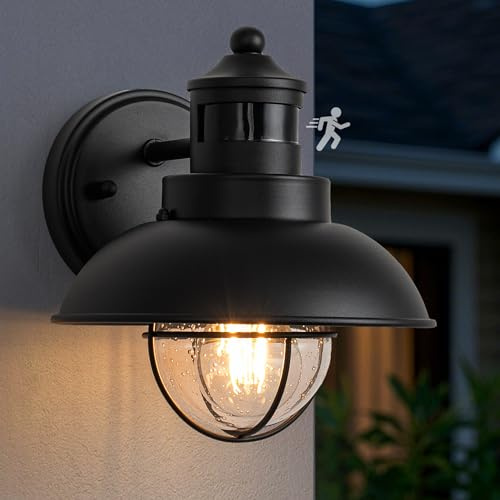 FTL Aussenlampe Wand mit Bewegungsmelder, 3 Beleuchtungsmodi Außenwandleuchte mit Gesätes Glas, Laterne Lampe mit Bewegungsmelder Aussen, Industrial Scheunenlicht Wandbeleuchtung für Garage, E27, IP44