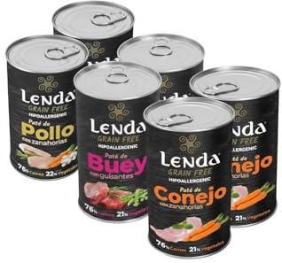 Lenda Pack 6 x 400gr Comida Húmeda Hipoalergenica para Perros Jovenes y Adultos - Pack Degustacion - Alimento Completo y Natural para Todas Las Razas - Sin Cereales con Condroprotectores