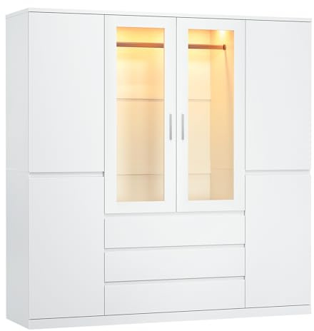 Dripex LED Wardrobe Closet, 6 Doors 3 Drawers, Armoire with Hanging Rail | Wardrobe Closet with LED Lights, Freestanding Clothes Storage Cupboards, Clothes Furniture, 160x48x180 CM, White