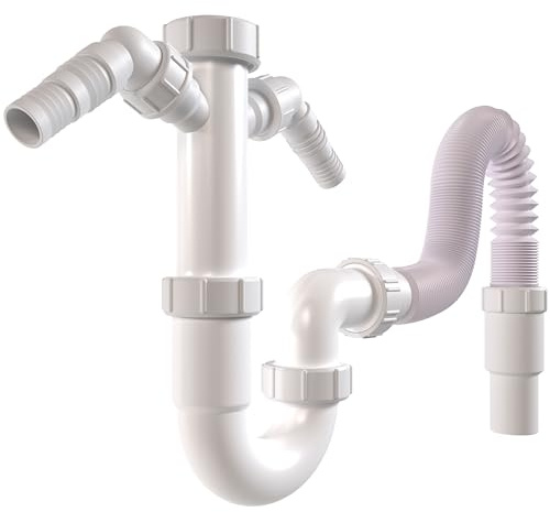 Poppstar Flexibler Siphon für Küchenspüle/Spülbecken 1 1/2 x 40-50mm (U-Form, Ablaufschlauch 320-880mm, 2x Geräteanschluss: Ø 19-23mm, Länge 85mm), weiß