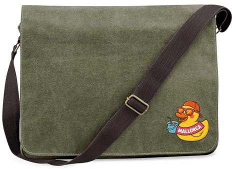 Huuraa Umhängetasche Quietscheente Malle Gummiente Mallorca 14 Liter Military Green Canvas Laptoptasche Geschenkidee