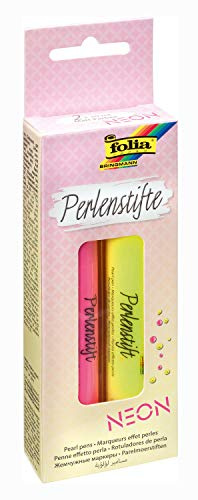 folia 36202 – Pärlpennor set neon, 2 pärlor pennor med 30 ml färg i gult och rosa, för 3D-färgprickar på papper, textil, trä, keramik etc. vattentät, tvättbar efter torkning