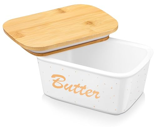 LOVECASA, Butterdose für Wasser, Bretonisch, 700 ml, aus Porzellan mit Deckel aus Bambus und Silikon, hohe Wasserdichtigkeit, Butterdose Tiramisu