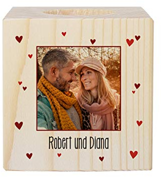 Herz & Heim® Teelichthalter mit Foto Aufdruck zum Valentinstag mit Ihrem Wunschtext