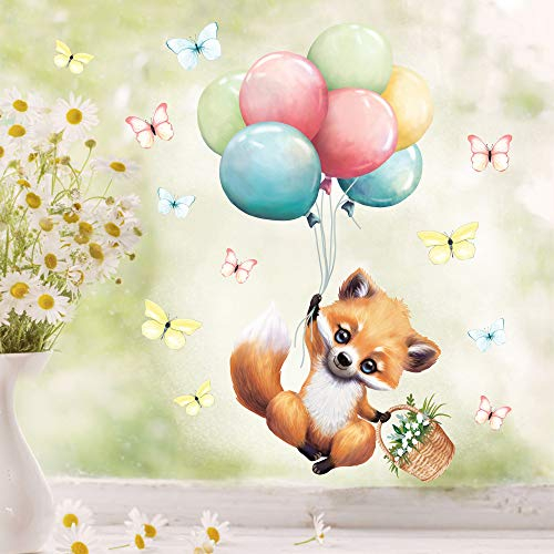 Wandtattoo Loft Fenstersticker Frühling Fuchs mit Ballons Motiv – A4 Bogen, Wiederverwendbar – Frühlingsdeko Fenster, Fensterfolie Frühling Selbstklebend