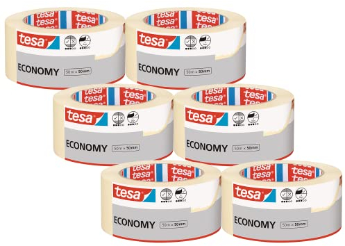 tesa Malerband ECONOMY im 6er Pack - Vielseitiges Klebeband für Malerarbeiten ohne Lösungsmittel - rückstandslos entfernbar - Breit - 6 Rollen je 50 m, 50m x 50mm