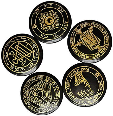 Lovionus89 Natürlich Heilung Kristall Solomon Symbol Einstellen, 5 Stück Graviert Chakra-Steine für Meditations Weissagung,Schwarzer Obsidian