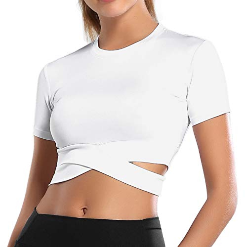 MUYOGRT T-Shirt Damen Sportshirt Kurzarm Crop Top Sexy Sport Oberteil Bauchfreie Sommer Laufshirt Funktionsshirt Atmungsaktiv Leicht Yoga Fitness Shirts Schnelle Trockene Sporttop(Weiß,S)