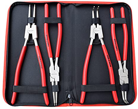 TOOLEAGUE Sprengringzangen-Set, Sicherungsringzange, 33 cm, innen/außen, robust, für Ringentferner, Haltezange, gerade, gebogene Sicherungsringzange, 4-teilig