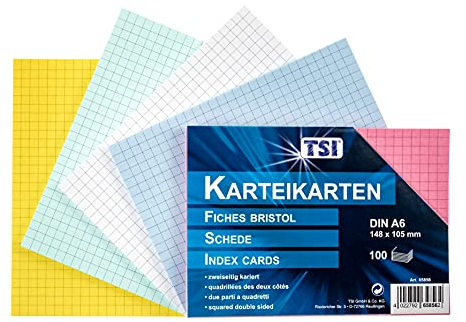 TSI Lot de 100 cartes au format A6, couleurs assorties, quadrillées, taille : DIN A6 (148 x 105 mm), n° d'article 65856