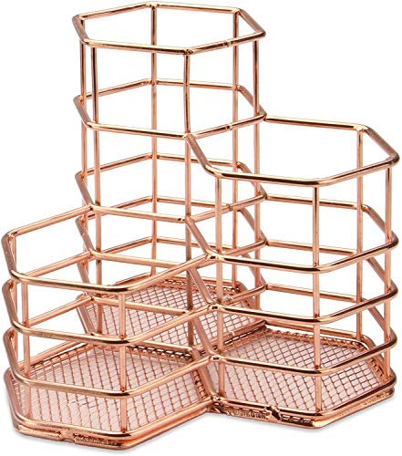 Rose Gold Makeup Brush Holder Organiser for Dressing Table, Stylish Metal Pencil Holder for Tidy Pen Storage Organizer for Office, Bathroom