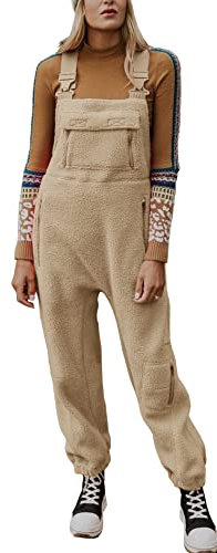 Tuta calda da donna in pile invernale allentata casual tuta con tasche, Cachi, Large