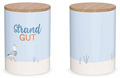 LaVida - 3088231 - Porzellandose, Maritim, Strandgut,15,5cm x 11cm, Holzdeckel, luftdicht, 1000ml