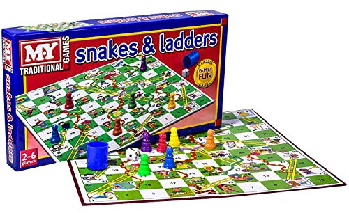 Snakes and Ladders Board Game, Traditional Game for Kids & Adults, Family, Travel, Party Board Game, Toy for 2-6 Players, Includes Counters & Dice