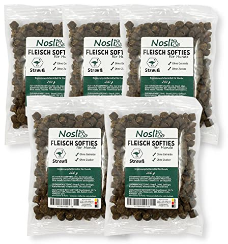 Nosli Fleisch Softies Trainingsleckerli für Hunde, Strauß 5x200g | Weiche Hundeleckerli mit Strauß, getreidefrei, hoher Fleischanteil, ideal für Training und Belohnung.