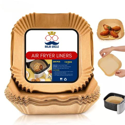 RAJA UNCLE Air Fryer Liners, Parchment Disposable Paper Liners, 100PCS of 7.9 inch Square, Non-Stick, Greaseproof Air Fryer Paper Liners Compatible with COSORI, Ninja, Tefal & Tower Air Fryer