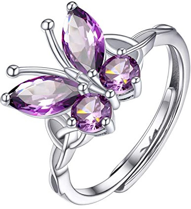 PROSILVER Bijou Femme Bague Papillon Argent Pierres Violettes, Anneau Celtique avec Alexandrite de Synthèse