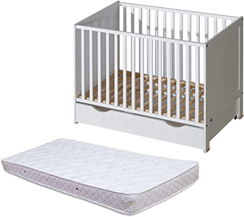 ATB MEBLE Babybett mit Matratze - Matratzenschoner und Schublade - Beistellbett Baby aus Holz - Bett Baby - Vier Ebenen der Matratzenhöhe - Bett für Babyzimmer - 120x60 - Weiß
