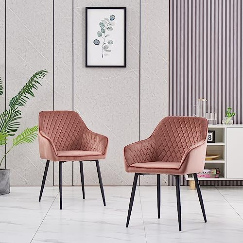 JYMTOM Chaises Salle à Manger, Lot de 2, Velours Chaise Rembourrée, Chaise de Salon avec accoudoirs, Structure en métal, Fauteuil avec Dossier, pour Bureau, Cuisine, Salon(2, Rose)
