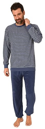 Normann Herren Frottee Schlafanzug Langarm, Pyjama mit feinem Ringel-Muster