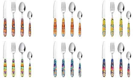 Excelsa Mexican Flower Set 24 Posate Multidecoro, Acciaio INOX, Manico in Plastica