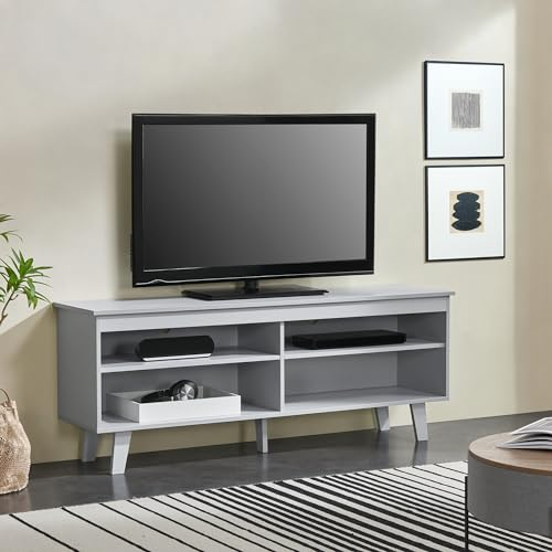 [en.casa] Mueble de Salón con 2 Salidas de Cables Elegante Mesa de TV con 4 Compartimentos para Dispositivos Multimedia Patas de Pino Aglomerado 58 x 150 x 38 cm - Gris Claro