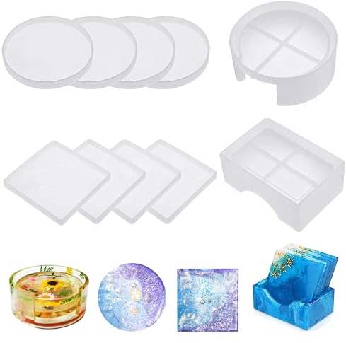 Yitobici Lot de 10 moules en Silicone pour Dessous de Verre en résine époxy, moules en résine époxy avec Support Rond et carré pour Loisirs créatifs en Cristal, Blanc