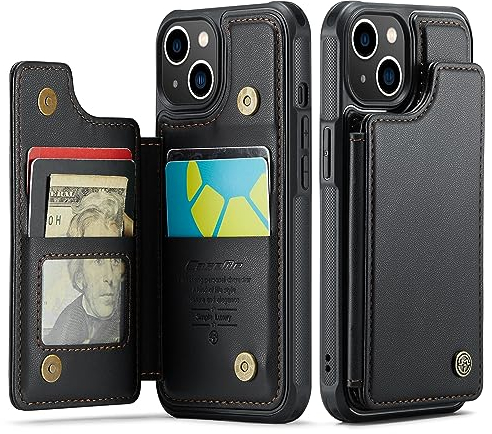 XIMAND für iPhone 14 Wallet Case mit RFID-Blockierung und 4-Kreditkartenhalter, hochwertiges, langlebiges, schlankes Leder mit Magnetverschluss und Ständer, robuste, stoßfeste Schutzhülle. – Schwarz