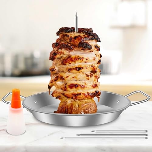 Vertical Kebab Skewer Stand Stainless Steel Chicken Skewers Kebab Spike with 3 Different Sizes Spikes and Oil Brush for BBQ or Oven Vertical Skewer Grill Rack for Whole Chicken Fish Sausage Steak