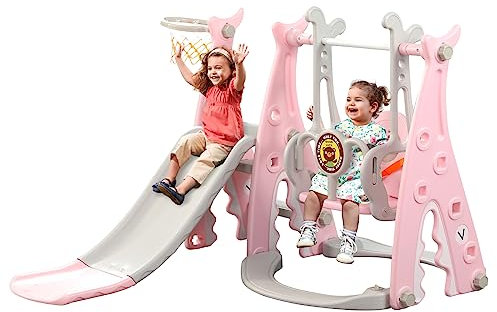 Arkyomi kids slide and swing set outdoor/indoor play,Large 3 in 1 garden slide with Basketball Hoop for toddlers age 3+(pink 2)