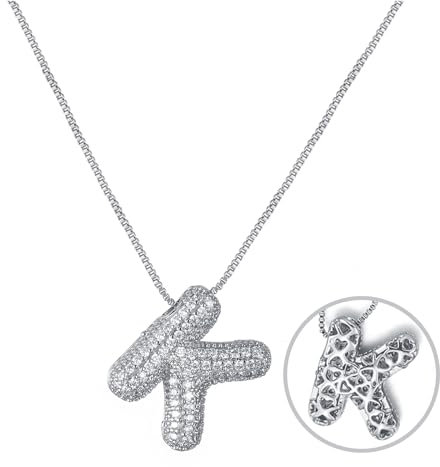 RWQIAN Bubble Buchstaben Kette Silber K Damen Balloon Initialen Haskette Bling Zirkonia Buchstaben Kette Anhänger Blase Letter Schmuck Geschenke für Frauen