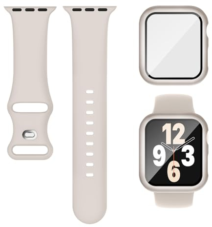 3-IN-1 Kompatibel für Apple Watch Armband mit Hülle und Displayschutz 40mm 41mm, Weich Silikon Sport Band + Gehäuse Mit Glas Kompatibel für iWatch Series SE 9 8 7 6 5 4 Damen Herren Polarstern Beige