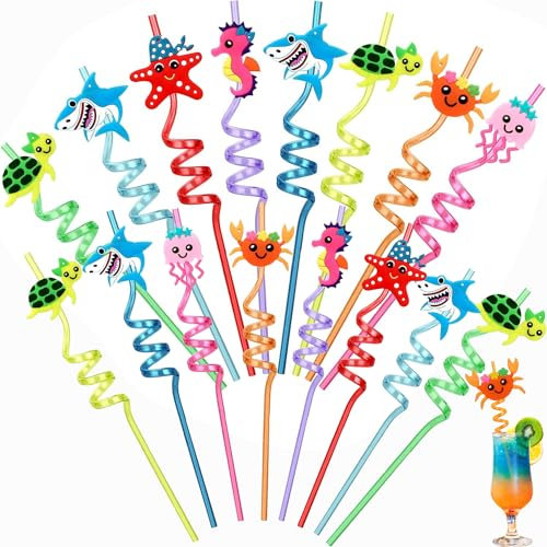 16 Stück Cartoon Kinder strohhalme,BetterJonny Wiederverwendbare Plastik Strohhalme für Geburtstag Hawaii Party Deko(Meerestiere)