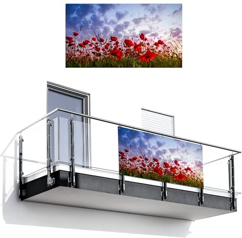 MuchoWow© Balkon Sichtschutz Einseitig 110x200 cm Groß PVC Kunststoff Garten Windschutz ohne Bohren Wetterfest Sichtschutzzaun Terrasse Balkonverkleidung Deko Panorama - farbenfroh - Mohnblumenfeld