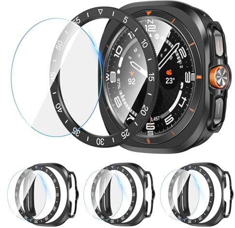 Kamita 3+3Stück Schutzhülle für Samsung Galaxy Watch Ultra 2024/2025 47mm | 3 Displayschutzfolie aus Gehärtetem Glas+3 Hart PC Bumper Case+3 Lünette Klebering Hülle für Galaxy Watch Ultra 2024/2025