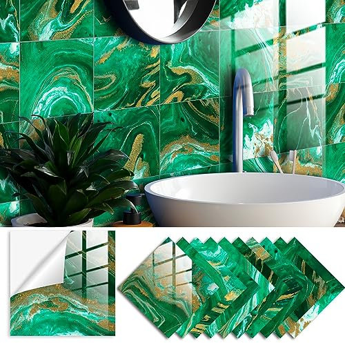Lukery Fliesenaufkleber, 20 Stück PVC Klebefliesen Küche, Marmor Küchenrückwand Klebefliesen, Bodenaufkleber Fliesenaufkleber Bad für Möbel Wand Schrank (15x15cm,Grünes Gold)