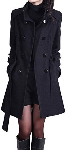 Generisch Damen Wolljacke Trenchcoat Elegant Mantel Mode Lange Windjacke Zweireihiger Gürtel Slim Fit Mit Taschen Mit KnöPfen Winddichter Jacke Einfarbig Wintermantel ÜBergangsmantel Parka Schwarz M