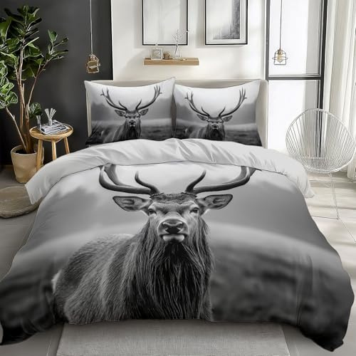 Tier Hirsch Bettbezug 200 x 220 cm Wendebettwäsche Set 3 Teilig mit Reißverschluss, Schwarz und Weiß Weiche Angenehme Microfaser Waldtiere Bettbezug Kinder Erwachsene Bettwäsche mit 2 Kissenbezug