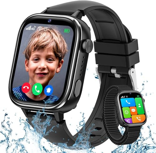 TotsyFun Montre Connectée Enfant GPS, 4G Montre Intelligente avec Carte Sim/SOS/Mode Classe/Appels Vidéo/Chat Vocal/Téléphone/Podomètre/Réveil/Jeux, IP68 Étanche Smartwatch pour Garçons Filles, Noir