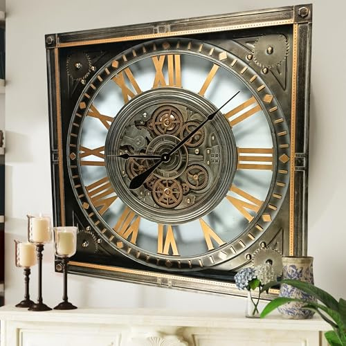 THE GEARS CLOCK Wanduhr Luxemburg-Linie, quadratisch, 81 cm, echtes bewegliches Getriebe, Silber-Antik, 81 cm