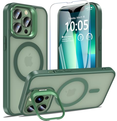 OWKEY Magnetisch für iPhone 13 Pro Hülle mit Ständer,Durchscheinend Matt Schutzhülle mit Panzer Schutz Glas,Kompatibel mit MagSafe,Militär Stoßfest Handyhülle für iPhone 13 Pro,Grün