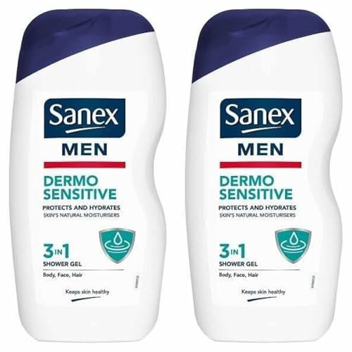 2 x 50 ml SANEX SHOWER GEL FOR MEN 3 in 1 Body Face Hair DERMO SENSITIVE Wash Protect and Hydrates skin natural Moisturisers Healthy Skin Palmers head cap hose mat gift refill Dermatologically Tested