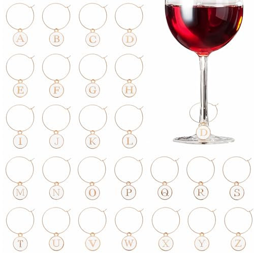 26 Stück Alphabet Weinglas Anhänger,Ymapinc Glasmarkierer Partys Glas Markierung Trinkgläser Wiederverwendbare Weinglas Markierer Weinglas Charms für Cocktailkelch Getränke Partys Dekoration