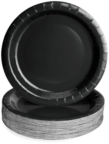 PARTY GO Assiettes jetables en carton de 22,9 cm, noir, 50 pièces, Vaisselle jetable en papier, Assiettes de dîner, Unie, Fête, Mariage, Anniversaire, Réception, Noire