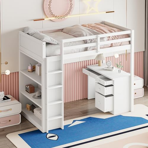 boorbin Hochbett 90 X 200 cm mit Aufbewahrungsschränken und Computertisch, multifunktionales Hochbett für Kinder aus Holz (Weiß)