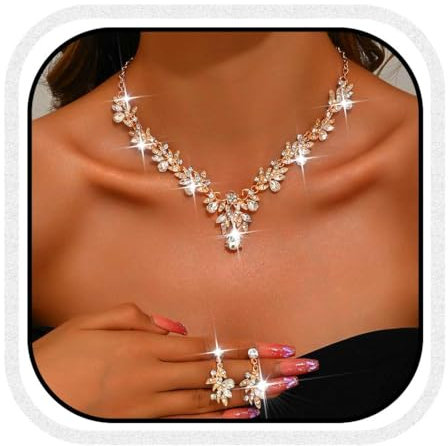 Fashband Crystal Bridal Wedding Jewelry Set Sparkly Earrings Party Prom Costume Earrings Jewelry for Women (Gold)