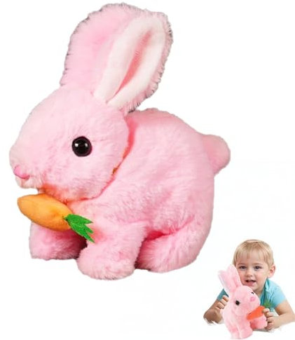 Générique Jouet Lapin Réaliste, 2025 Nouveau Lapin Peluche Interactif, avec des Carottes, Lapin avec Son, Mouvement Et Marche, Cadeaux De Pâques pour Enfants (Rose)